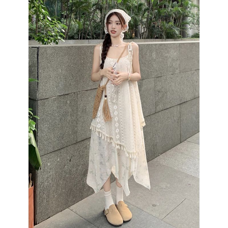 Zweiteiliger Träger im Urlaubsstil für Frauen im Sommer, eleganter Feendruck, Quaste, unregelmäßiger Strand, langes Kleid_voghion.com