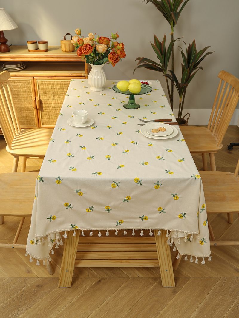 Luxury Waterproof Tablecloth - Pink Floral Embroidery On Linen, Stain & Dust Resistant For Dining Table (150x220cm, Machine Washable)_voghion.com