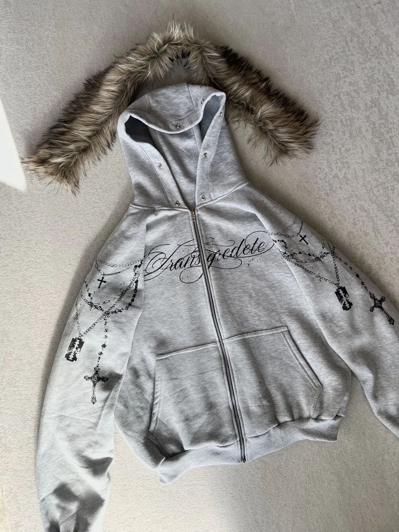 Unisex High Street Kapuzen-Sweatshirt mit Reißverschluss, abnehmbarem Kunstpelzbesatz und Grafikdruck – Übergroße Passform für Streetwear-Mode_voghion.com