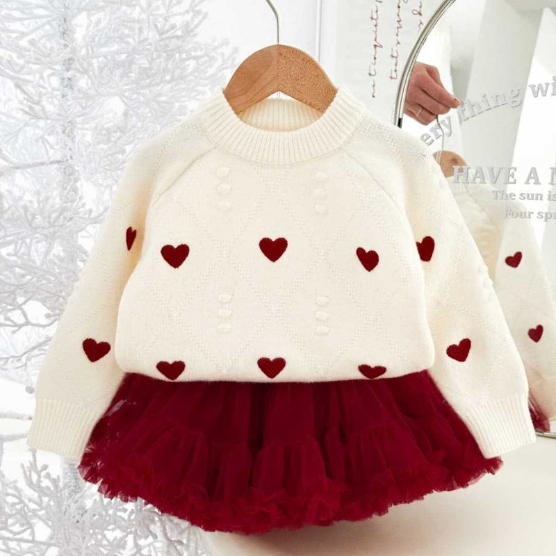 Maglione per bambine New Love Maglia Tops Maglione per bambine Camicia inferiore Gonna a palloncino Completo_voghion.com
