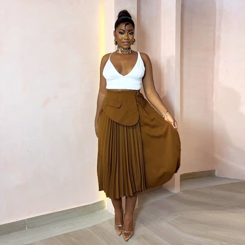 Women's Clothing summer new solid color pleated A line half length high waist pleated skirt_voghion.com