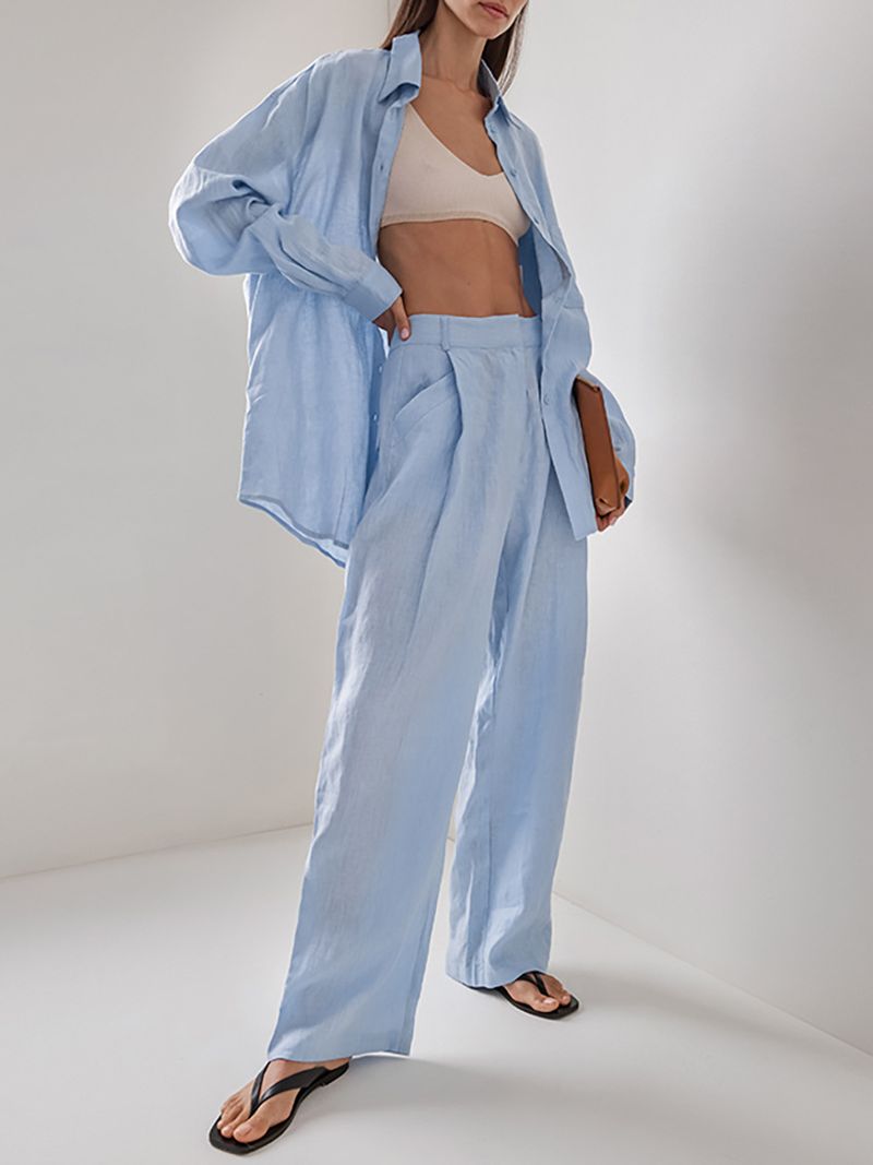 Abito per il tempo libero in puro cotone dal design alla moda da donna 2024 nuovo abito a due pezzi con pantaloni a camicia slim semplici_voghion.com