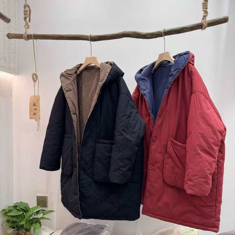 Giacca con cappuccio reversibile lavata in sabbia, versatile, calda, in cotone, per donna, versione coreana invernale 2025, taglie forti_voghion.com