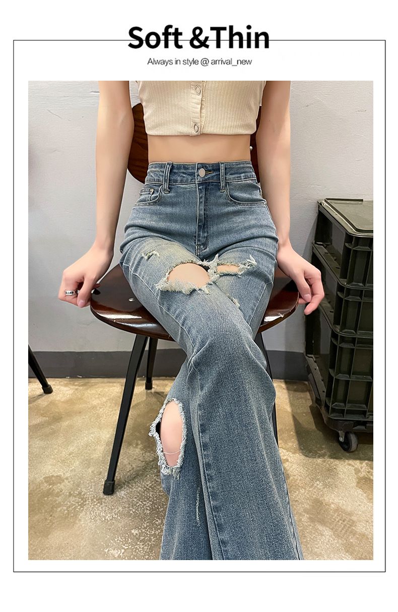 Women's clothing ripped denim bell bottom pants for women spring and summer new elastic small size nine points bell bottom pants trousers_voghion.com
