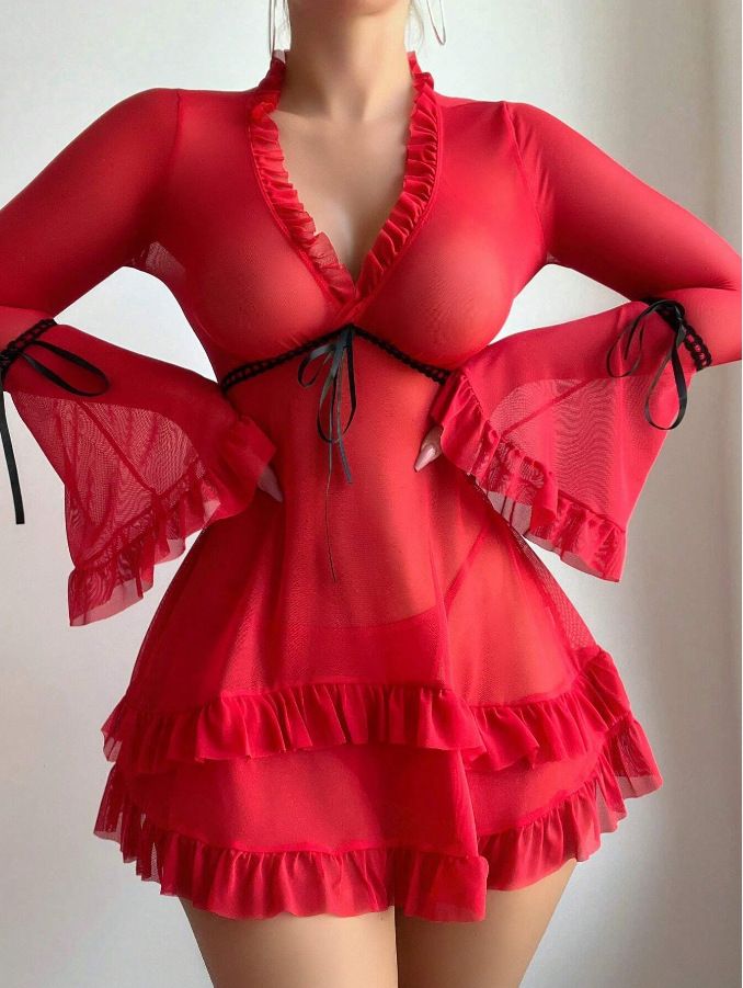 Bikini da ragazza con fiore rosso in pizzo, sottile e sexy, estivo, raccolto, rosso, piccolo petto, fianchi, tentazione femminile_voghion.com