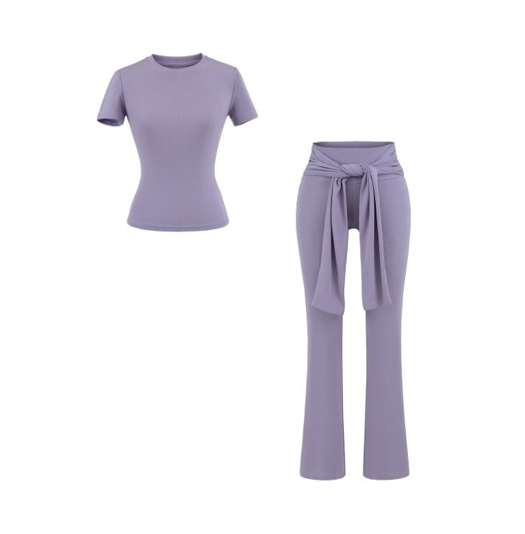25 Nuovo stile estivo per ragazze calde, vestibilità slim, scollo rotondo, maglietta a maniche corte snellente + pantaloni lunghi casual con lacci e fondo a campana_voghion.com