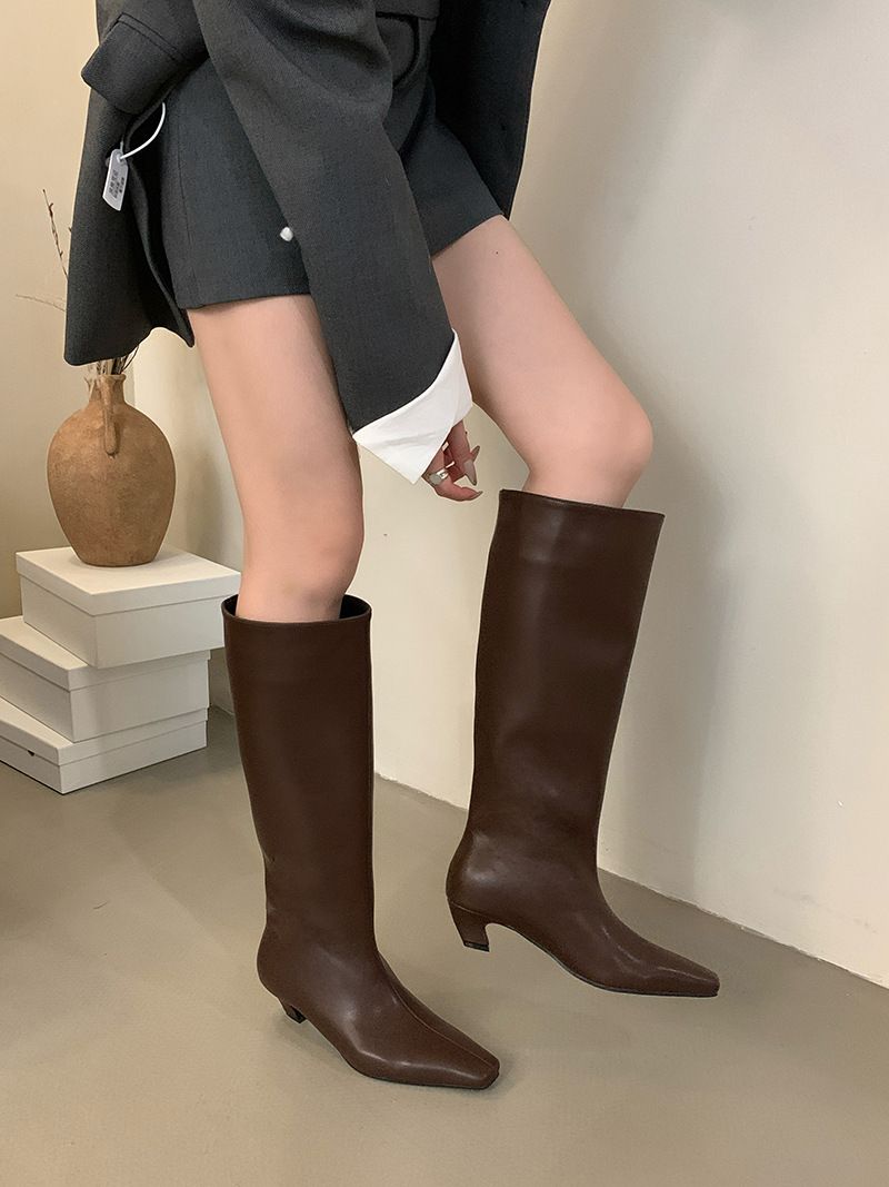 Chaussures pour femmes, bottes rétro, printemps, nouveau tube large, bottes de chevalier en cuir souple pour femmes, bottes fines à talon bas, pas au-dessus du genou_voghion.com