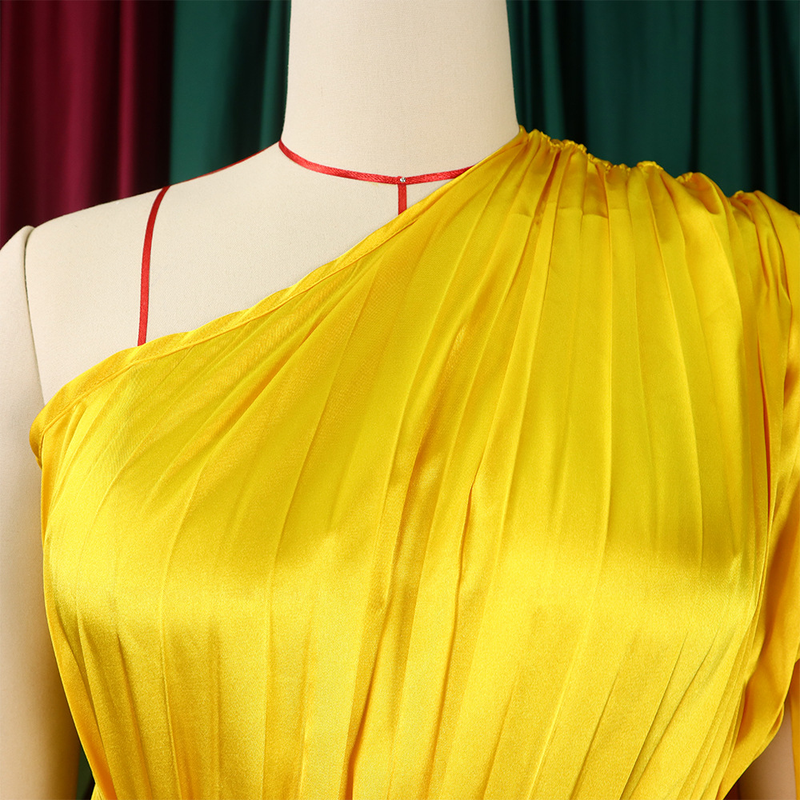 women's clothing new one-shoulder pleated long skirt oblique collar waist dress _voghion.com