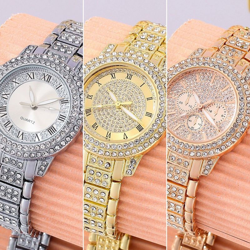 Relógios de quartzo populares da moda feminina, conjunto de relógios com padrão romano, relógio de quartzo Cornucópia, pulseira com diamantes e colar com manchas_voghion.com