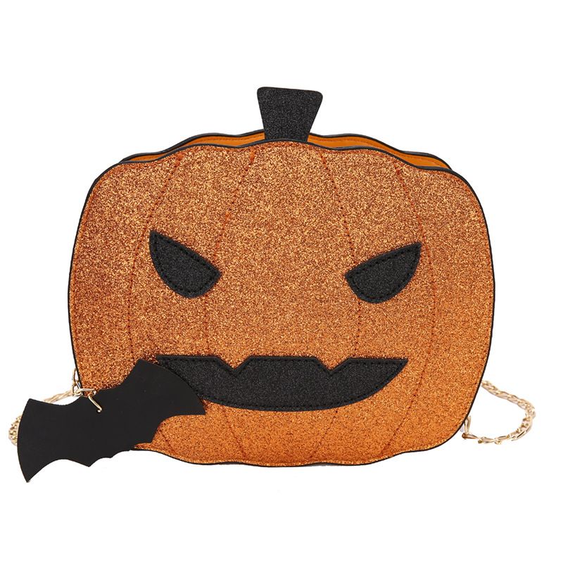 Borsa a tracolla con zucca glitterata a tema Halloween per donna - Borsa a tracolla in PU riflettente retrò con tasche con cerniera, accessorio alla moda e divertente_voghion.com