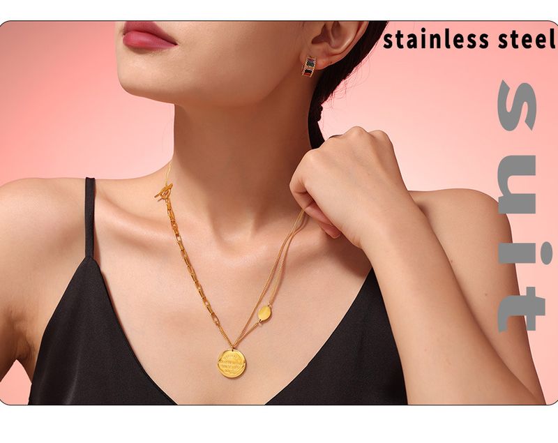 Retro Oval Letter Pendant OT Buckle Necklace With Cool Style Splicing Double-layer Titanium Steel Color Preservation Collarbone Chain_voghion.com
