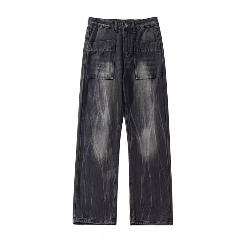 Source Factory Black Washed Straight Jeans Men's Loose Versatile High Street Vibe Street Design Pants Trendy_voghion.com