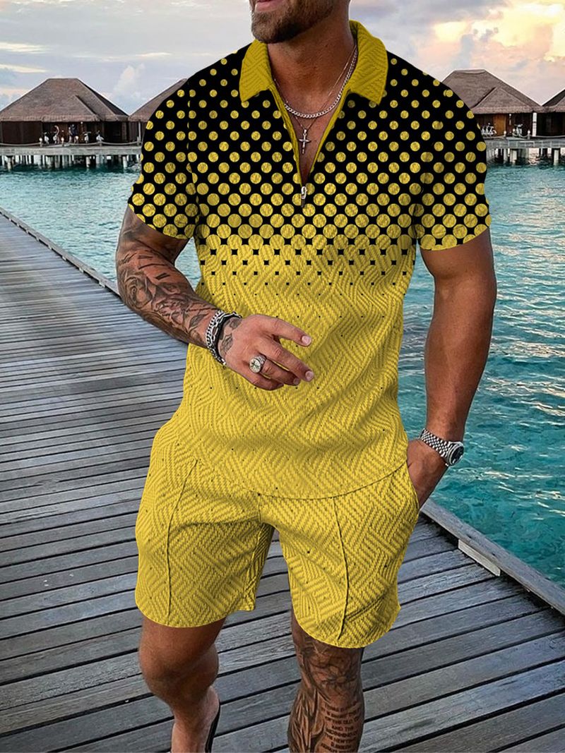 Men's 2pcs, Red Dots Pattern, Trendy Comfy Zip Polo And Plain Drawstring Waistband Shorts Set_voghion.com