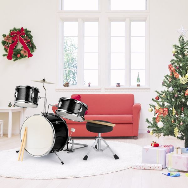 14"x10" 3-Pieces Junior Kids Drum Set Kit Pedal Drum Stick Wrench Drum Stool Black_voghion.com