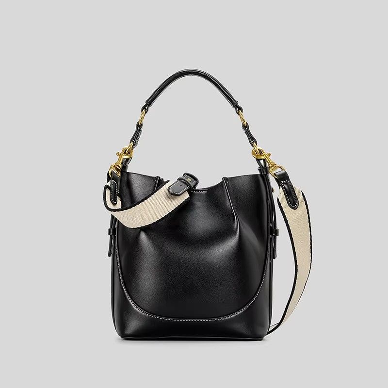 Fahion Panelled Canva Bucket Bag Deigner Women Handbag Pu Leather Shoulder Crobody Bag With Wide Strap Tote_voghion.com