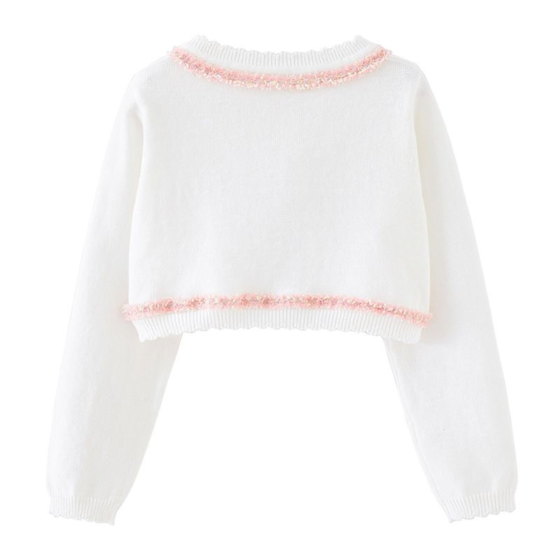 Cardigan élégant en tricot d'inspiration victorienne pour mère et enfant, avec bordure en dentelle, léger et doux, en mélange de coton (blanc-rose/blanc-noir/violet-rose)_voghion.com