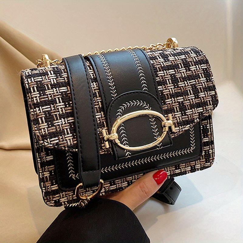 Mini Plaid Pattern Tweed Buckle Decor Shoulder Square Bag, Chain Crossbody Flap Purse For Everyday_voghion.com