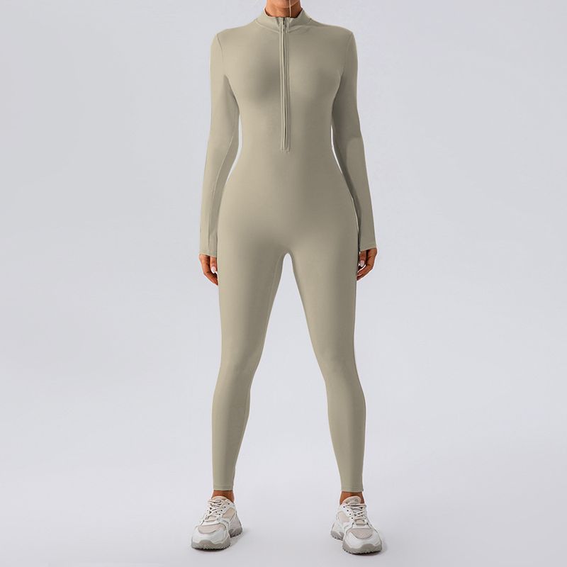 LazyZoom High Elastic Zipper Stand Collar Long Sleeve Jumpsuit Sports Fitness Running Training Yoga Suit For Women_voghion.com