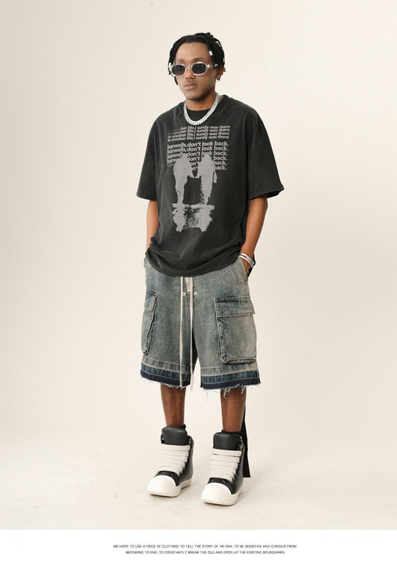 Herreklær High Street Vibe Vasket, slitt denimshorts med rå kanter Trendy merkevare Løse shorts med flere lommer_voghion.com