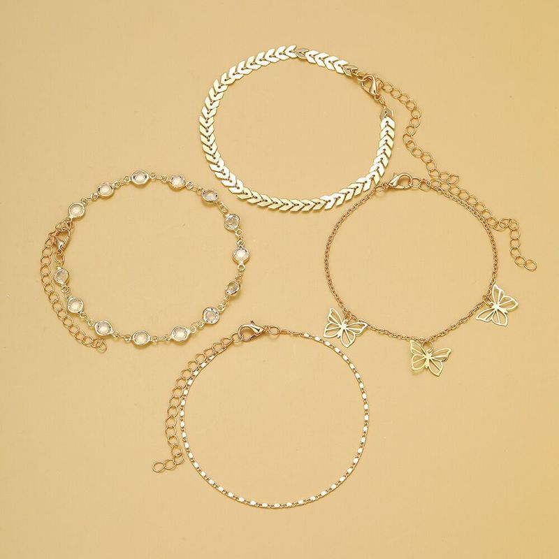 4-Piece Set Of Fashionable Simple Multi-Layer Metal Airplane Chain Hollow Butterfly Inlaid Diamond Anklets For Women_voghion.com