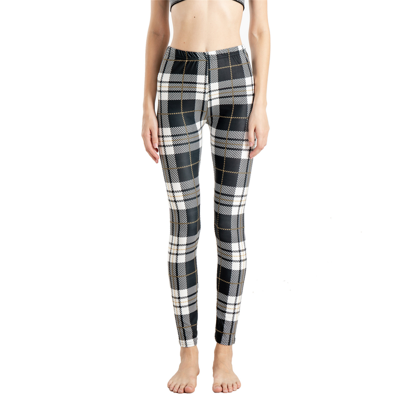 Leggings sportivi elastici a nove punti con stampa scozzese a righe alla moda da donna_voghion.com