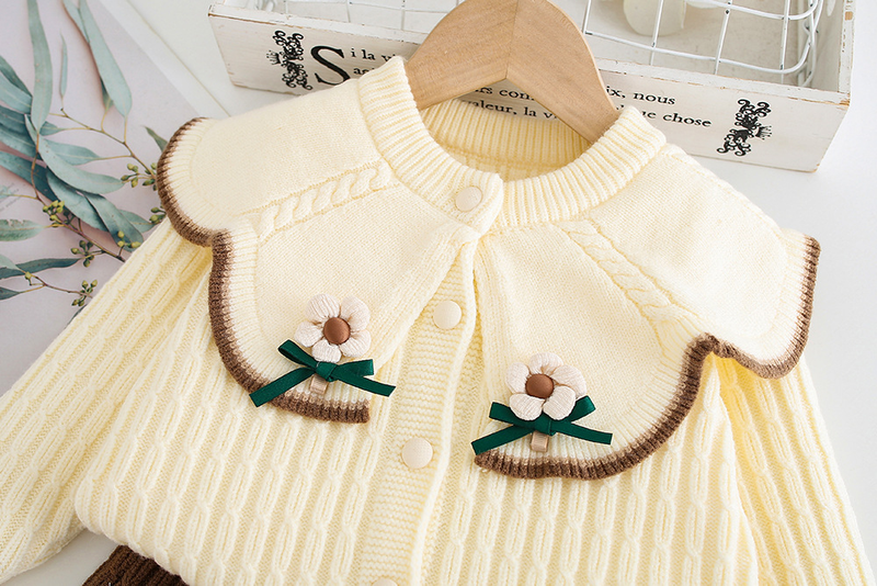 Kindersweaterrok Grote kraag Gebreid vest met twee bloemen Tweedelige schattige trui voor babymeisjes_voghion.com