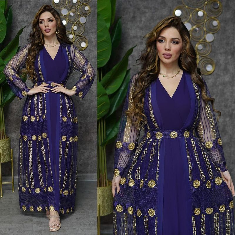 New Muslim Embroidered Mesh Jacket With Chiffon Vest Skirt Suit Kaftan Dress_voghion.com