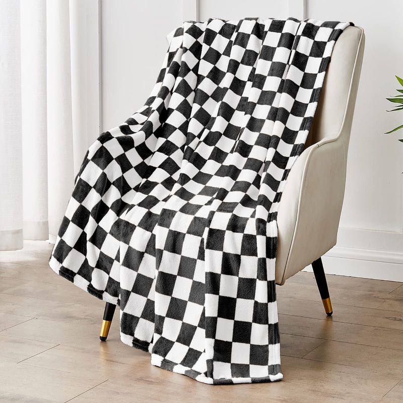 Coperta in flanella con motivo a quadri bianco e nero, morbida e confortevole, per la casa, coperta per neonati, regalo di compleanno e festa._voghion.com