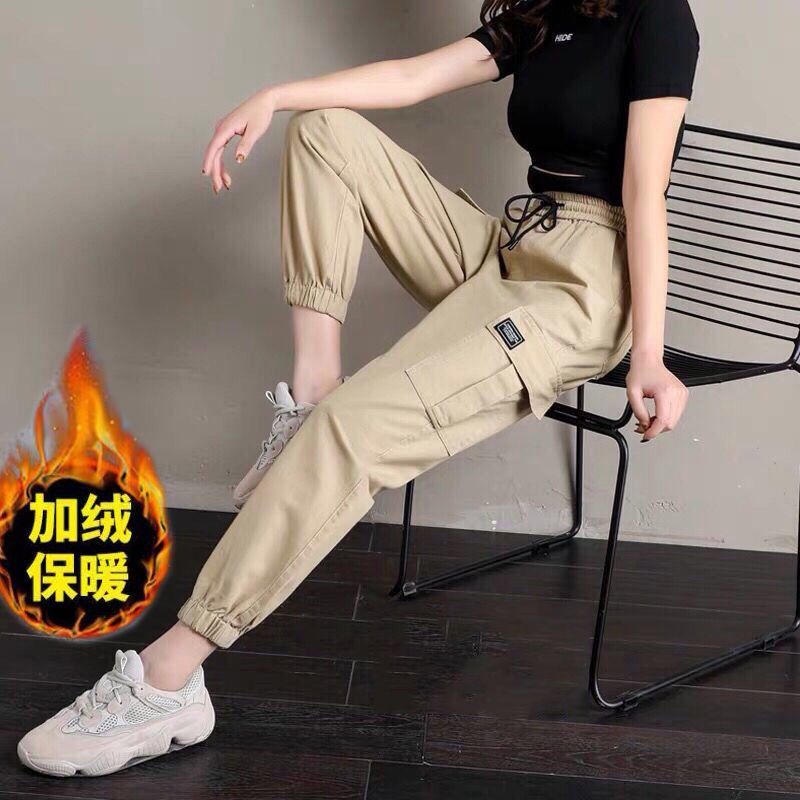 Women's Cargo 2023 Spring And New High Waist Casual Jogger Nine Points Fleece Lined Thickened Sports Harem Pants Autumn_voghion.com