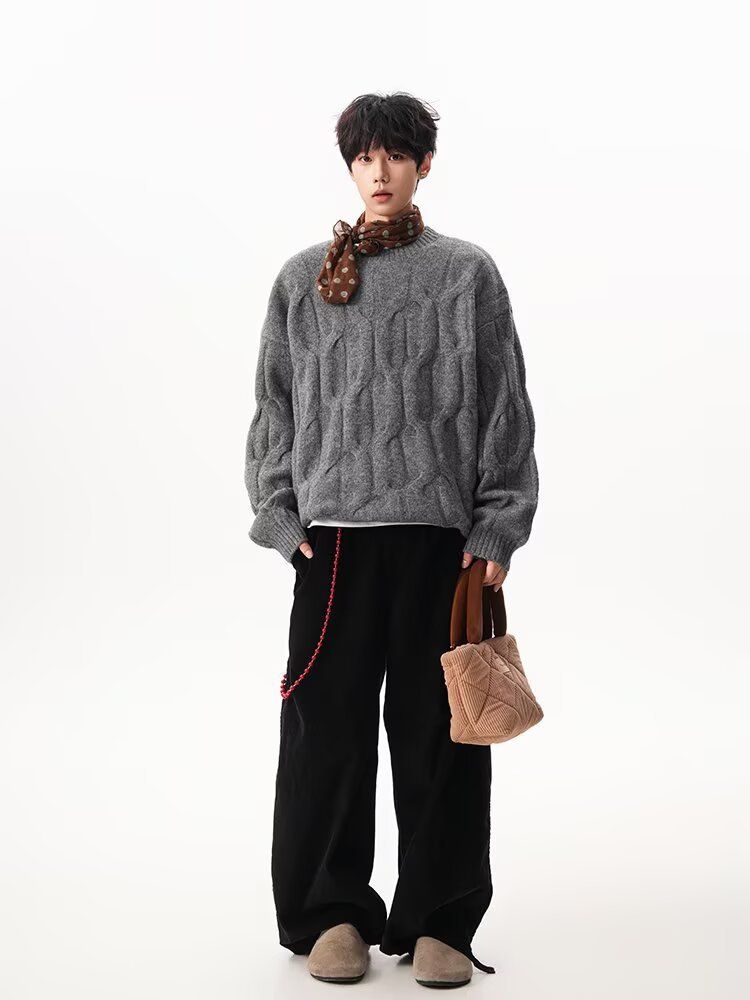 Herren-Strickpullover mit Zopfmuster, lässiger Pullover, Rundhalsausschnitt, lange Ärmel, lockere Passform, bequem, atmungsaktiv, für den Alltag (Grau, Khaki)_voghion.com