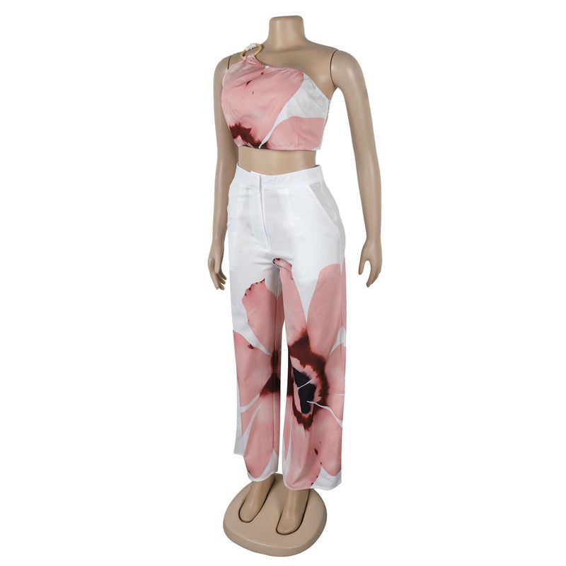 Women's Clothing Printed One Shoulder Slim Fit Wide Leg Pants Two Piece Set_voghion.com