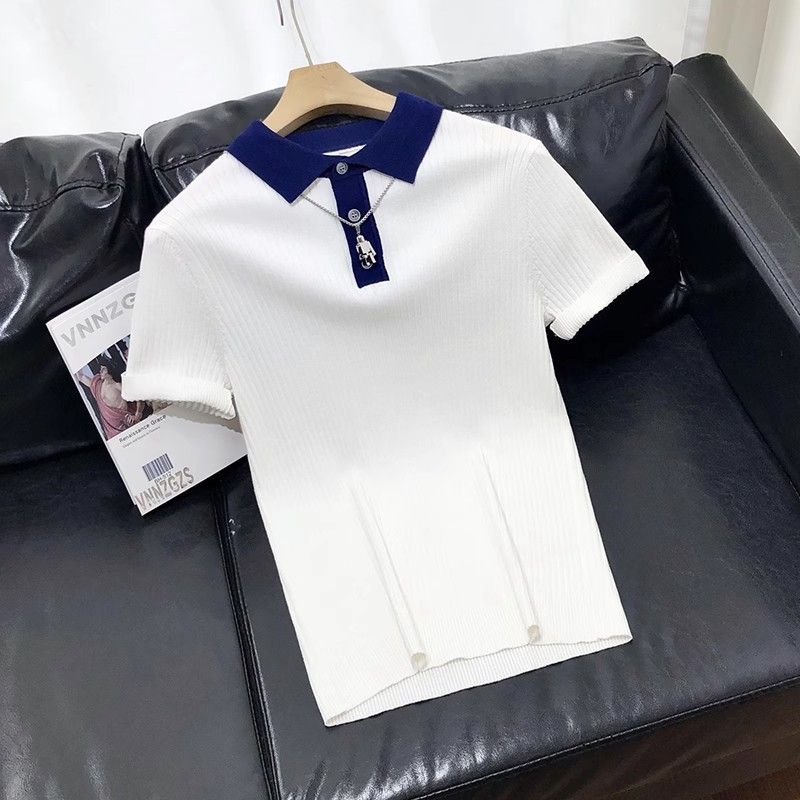 Herrenbekleidung Gestreiftes, kontrastfarbenes, kurzärmliges Poloshirt aus Strick für Herren, neue Sommerkleidung, hochwertiges, lässiges, atmungsaktives Revers-T-Shirt_voghion.com