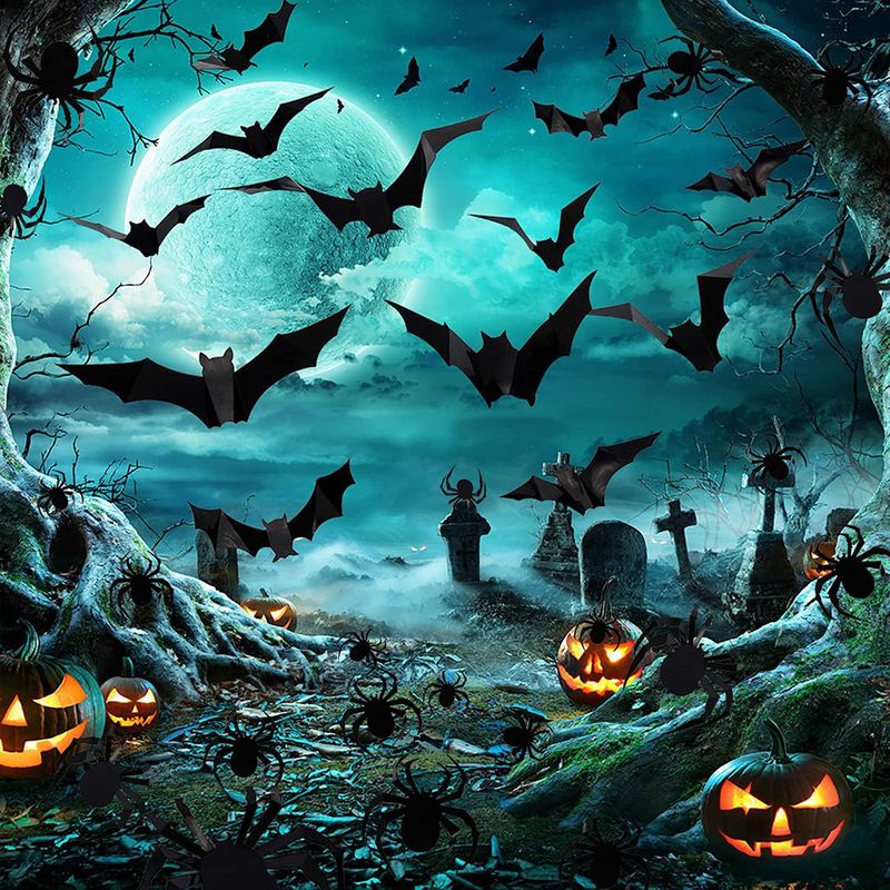 68 STK stor Halloween 3D edderkop og flagermus wallsticker kombination Halloween dekoration 3D sort flagermus klistermærke_voghion.com