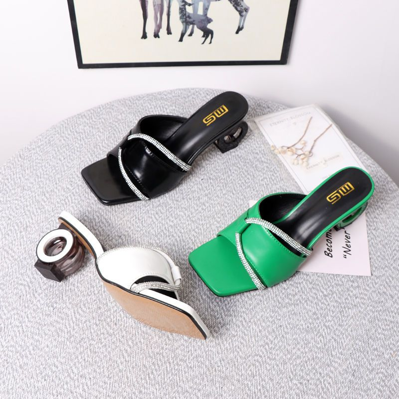 New External 2024 Single Square Head Irregular High Heel Instagram Style One Line Water Diamond Fashion Versatile_voghion.com