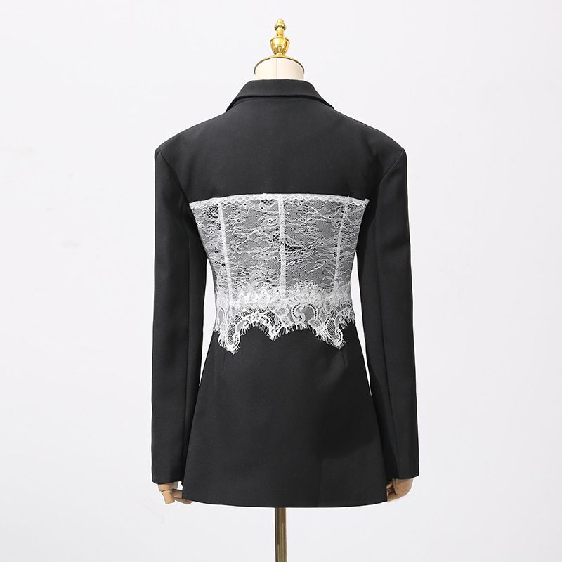 Blazer con corsetto e inserti in pizzo – Giacca slim fit con scollo a V, adatta per lavoro e discoteca (nero floreale, S/M/L/XL)_voghion.com