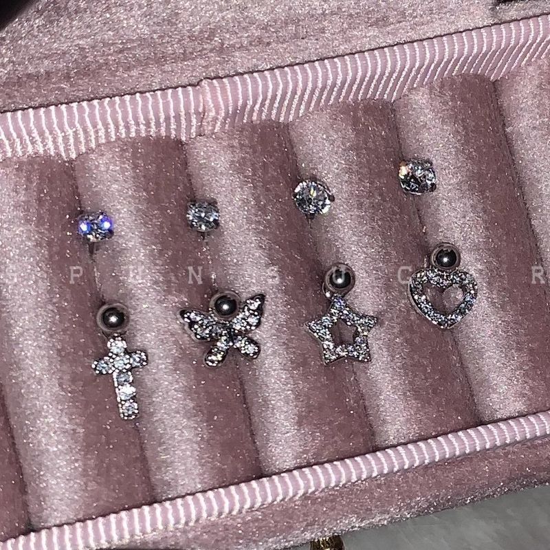 Ins Style Zircon Cross U-shaped Horseshoe Hoop Bone Stud Ear Piercing Screw Sparkling Butterfly Heart Earrings_voghion.com