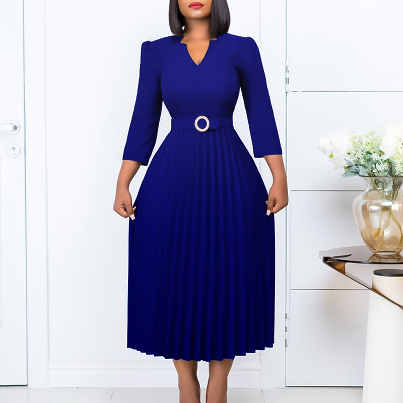 Damen 2024 Herbst neues V-Ausschnitt modisches Temperament elegantes Faltenrockkleid_voghion.com