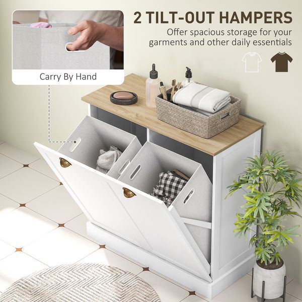 HOMCOM Dual Tilt Out Laundry Hamper Cabinet With 2 Removable Basket, Modern Bathroom Storage Cabinet With Shaker Doors And Handles, White_voghion.com