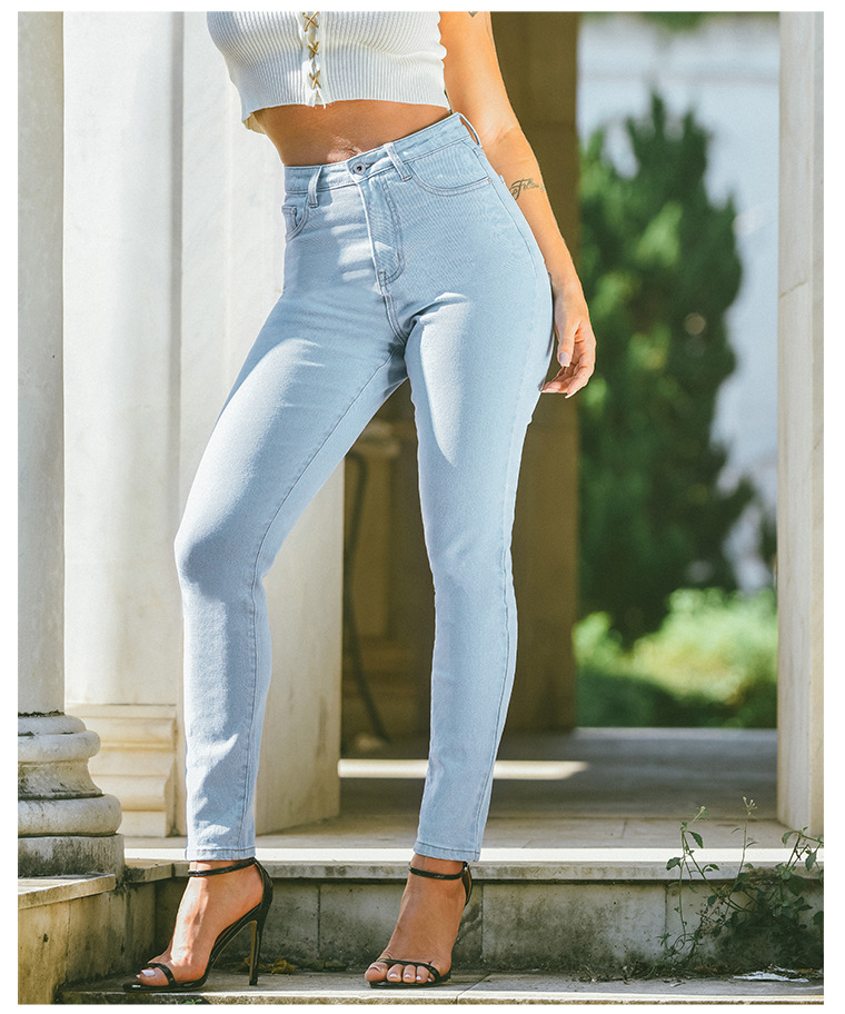 Vêtements pour femmes, pantalon en denim extensible slim taille haute, jean slim délavé de couleur unie_voghion.com