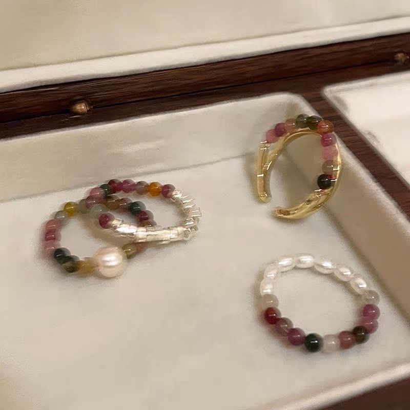 Turmalin Perle Naturstein für Frauen Sommer Nischendesign Zeigefinger bunt Perlen Silber Fragment Ring_voghion.com