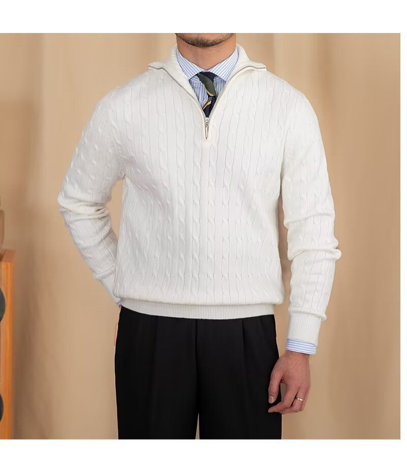 Men's Clothing Cozy Retro Zip-Up Knit Sweater For Men & Women, Soft Pullover With Embroidered Badge, Loose Fit Casual Wear, Black/White, Sizes M-3XL_voghion.com