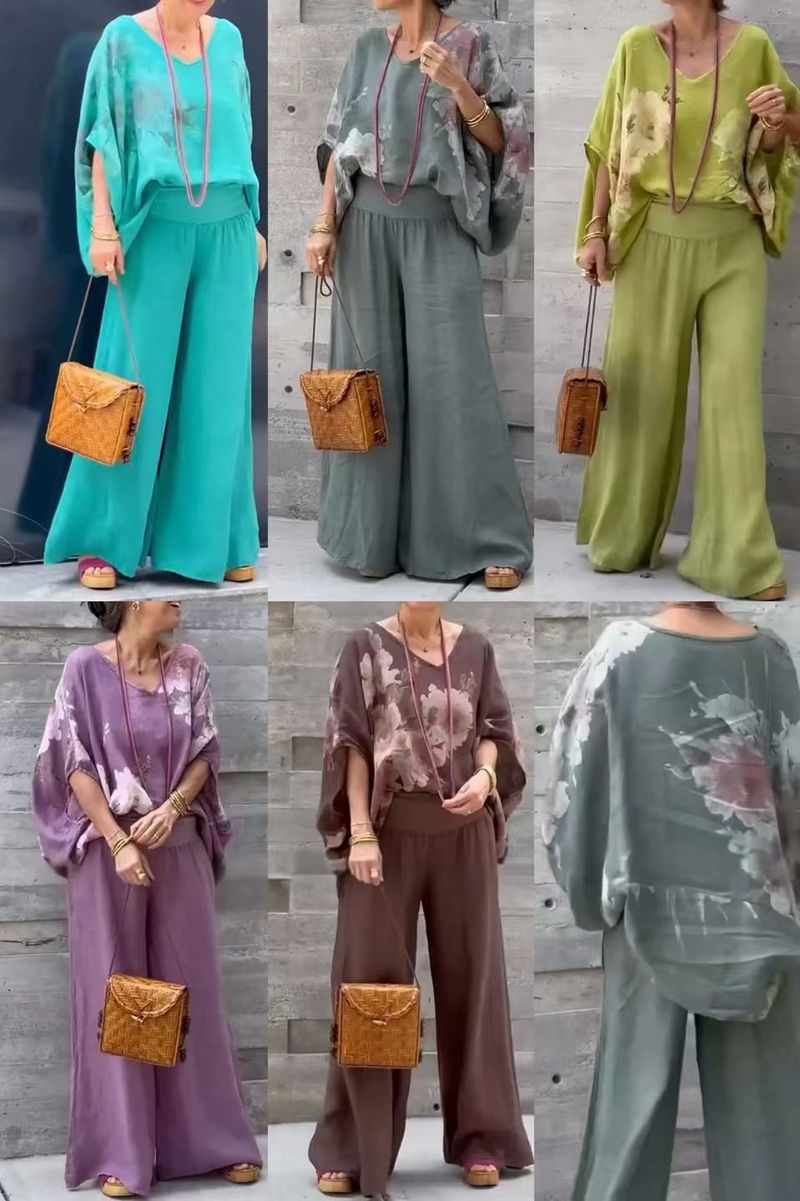 Abbigliamento da donna, scollo a V, top e pantaloni stampati in cotone e lino, abiti casual_voghion.com