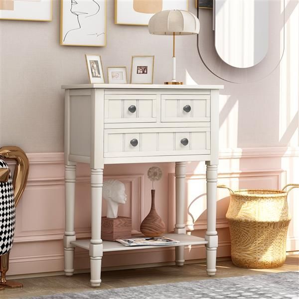 Narrow Console Table, Slim Sofa Table With Three Storage Drawers And Bottom Shelf (Ivory White)_voghion.com