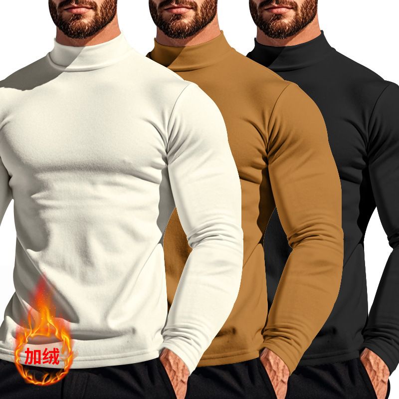 Autumn Winter Thermal Long Sleeve T-Shirt Skin-Friendly Soft Base Layer Half Turtleneck Men's Three-Piece Set_voghion.com