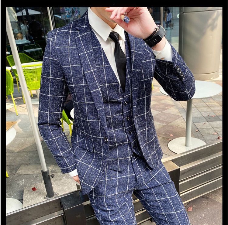 Ropa para hombre, traje a cuadros para hombre, traje de tres piezas, nuevo traje de negocios de moda ajustado para jóvenes de otoño_voghion.com