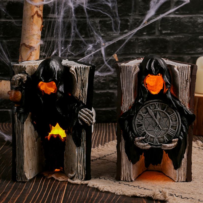 Harz-Geisterschädel-Buchmodell, Halloween-Horror-Party-Dekorationsrequisite, Desktop-Wohndekor-Ornament_voghion.com