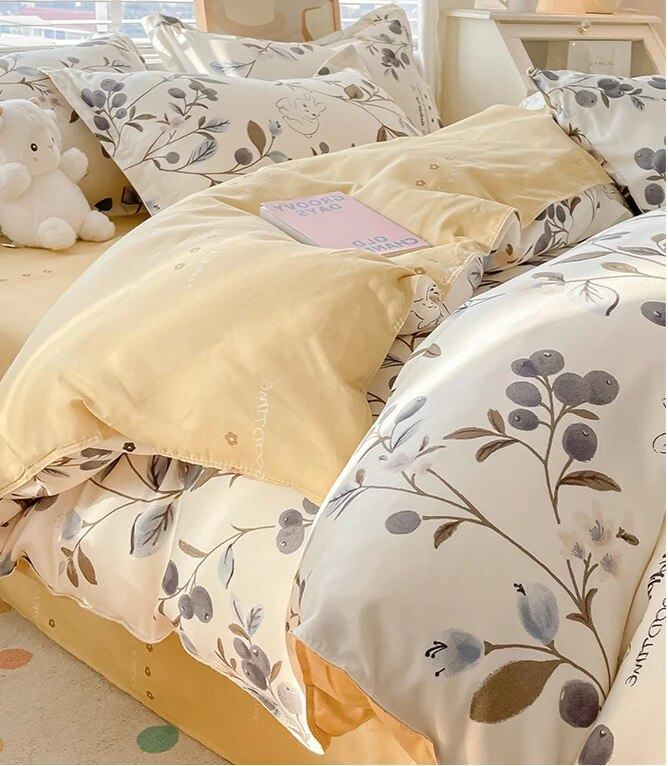 Quattro pezzi di biancheria da letto stampati in cashmere vegetale in stile pastorale estivo, lenzuola fresche per dormitori studenteschi, set da tre pezzi_voghion.com