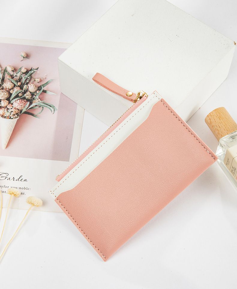 Portafoglio porta carte di credito da donna, con cerniera, porta monete in pelle PU, cuciture a contrasto, piccolo portafoglio fresco_voghion.com