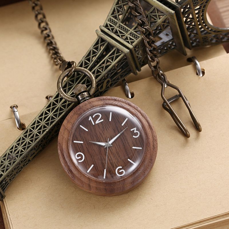 Vintage Wooden Pocket Watch With Dual-Loop Chain - Unisex Quartz Timepiece In Natural Wood Finish (45mm Case, Alloy Strap, Multiple Color Options)_voghion.com