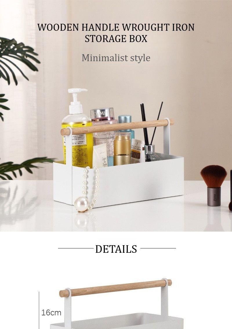 Wabi-Sabi Minimalist Iron Storage Box With Wooden Handle | Multi-Functional Organizer For Cosmetics, Snacks & Accessories_voghion.com